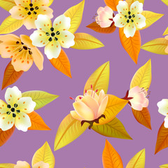 Vector seamless spring background with white and pink flowers with green and yellow leaves