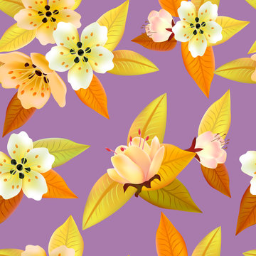 Vector seamless spring background with white and pink flowers with green and yellow leaves © dobrik72