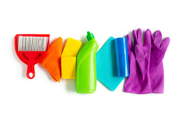 Cleaning products set of rainbow colors isolated on white background. Spring cleaning concept. View from the top