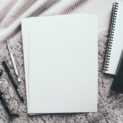 Square format workplace flat lay