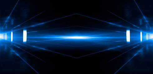 Dark blue tunnel, a ray of light. Abstract blue background.