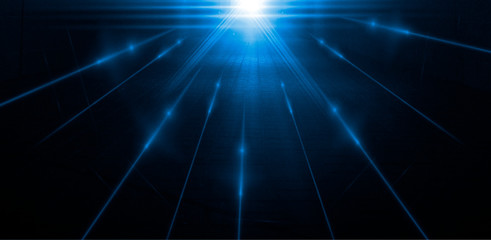 Dark blue tunnel, a ray of light. Abstract blue background.