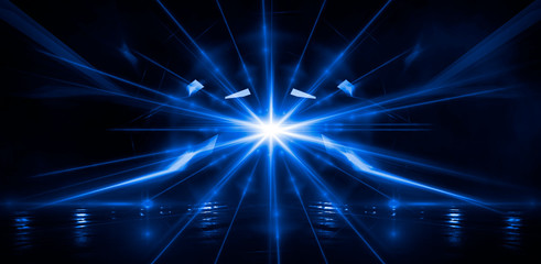 Dark blue tunnel, a ray of light. Abstract blue background.