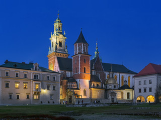 Fototapeta na wymiar Krakow, Poland. Wawel Cathedral or The Royal Archcathedral Basilica of Saints Stanislaus and Wenceslaus on Wawel Hill in twilight. It is the coronation site and burial place of the Polish monarchs.