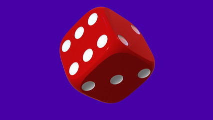 Close up of red playing dice, rotating on blu background.