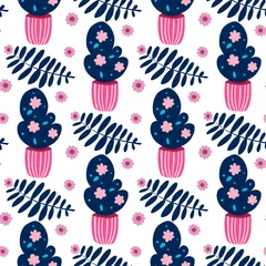 Foto auf Glas Flower home pot and flowers vector seamless pattern in flat style © viktoria