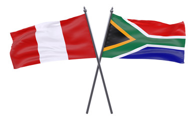 Peru and South Africa, two crossed flags isolated on white background. 3d image