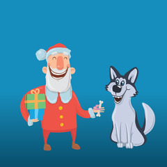 Happy laughing Santa Claus with dog. New year and Christmas cards for year of the dog according to the Eastern calendar. Vector Characters Illustration.