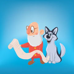 Happy laughing Santa Claus with dog. New year and Christmas cards for year of the dog according to the Eastern calendar. Vector Characters Illustration.