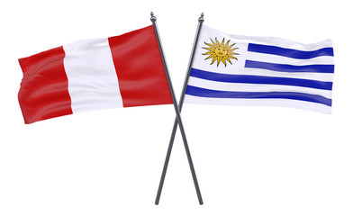Peru and Uruguay, two crossed flags isolated on white background. 3d image