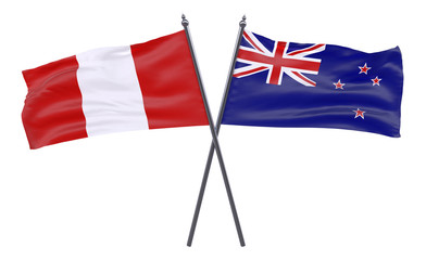 Peru and New Zealand, two crossed flags isolated on white background. 3d image