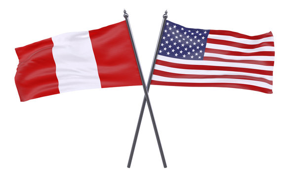 Peru and USA, two crossed flags isolated on white background. 3d image