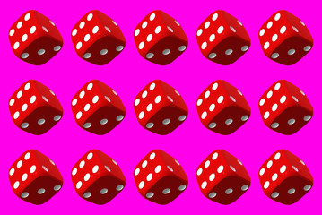 Close up of many playing dice, rotating on pink background.