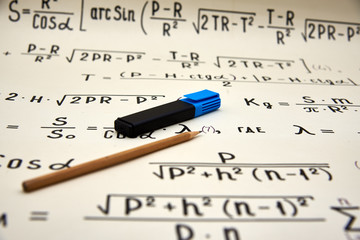 Mathematical background, handwritten formulas points. White black