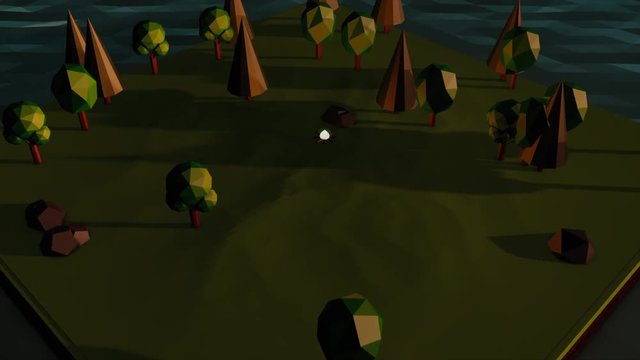 Abstraction of isometric animation island with trees, stones and campfire surrounded by water. Computer game.