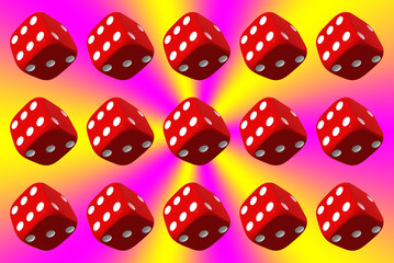 Close up of many playing dice, rotating on variously colored background.