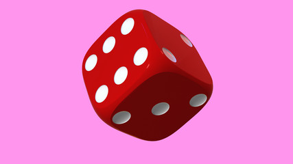 Close up of red playing dice, rotating on pink background.