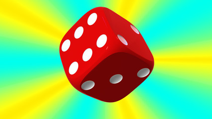 Close up of red playing dice, rotating on variously colored background.