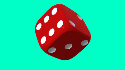 Close up of red playing dice, rotating on green background.