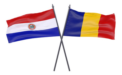 Paraguay and Romania, two crossed flags isolated on white background. 3d image
