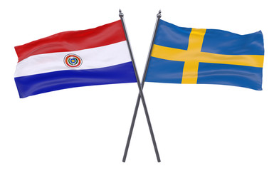 Paraguay and Sweden, two crossed flags isolated on white background. 3d image