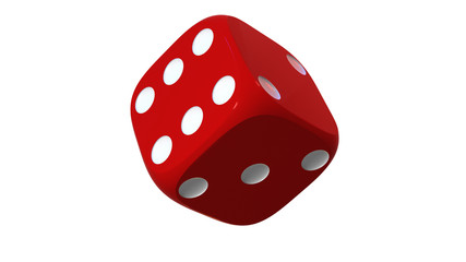 Close up of red playing dice, rotating on white background.