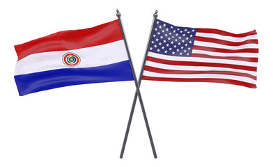 Paraguay and USA, two crossed flags isolated on white background. 3d image
