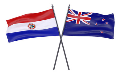 Paraguay and New Zealand, two crossed flags isolated on white background. 3d image