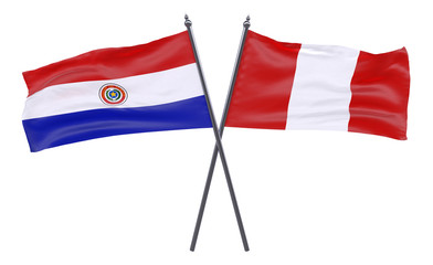 Paraguay and Peru, two crossed flags isolated on white background. 3d image