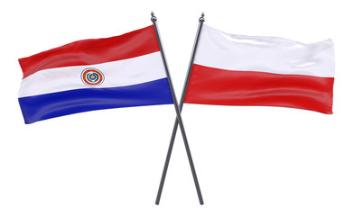 Paraguay and Poland, two crossed flags isolated on white background. 3d image