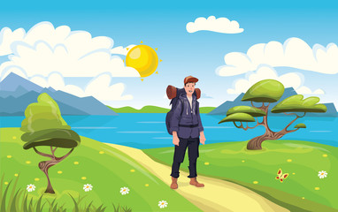 A young happy man, backpacker on the seaside. Hiker and Explorer. Vector Illustration.