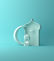 Arabic lantern, crescent star, window on blue pastel background copy space text. Design creative concept for islamic celebration day ramadan kareem or eid al fitr adha. 3d rendering.