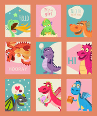 Baby dragons set of birthday or invitation cards or banners vector illustration. Cartoon funny little dragons with wings. Fairy dinosaurs with book, baloon, flower. Nice to meet you, hooray.