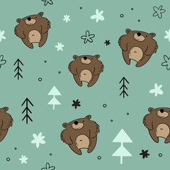 Vector seamless pattern, bear in the forest, spruce. Hand drawn, cartoon, Scandinavian styles.