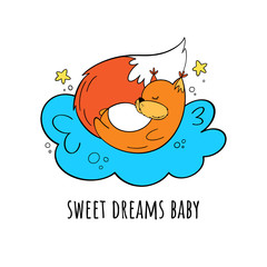 Vector illustration of a squirrel sleeping on a cloud. Sweet dreams baby. Cartoon style.