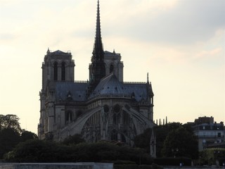 Notre Dame, the most beautiful Cathedral in Paris. View from the river Seine, France.