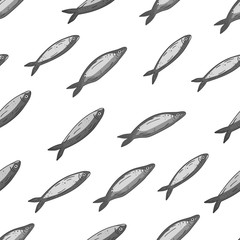 Vector seamless pattern with anchovies. Fish background. Hand drawn style.