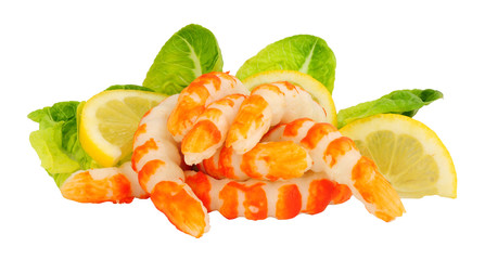 Fish protein surimi formed into prawn shapes isolated on a white background