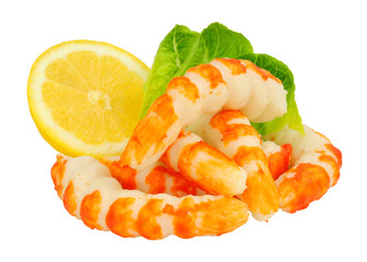 Fish protein surimi formed into prawn shapes isolated on a white background