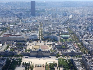 Champ de Mars view from top of eiffel tower looking down see the entire city as a beautiful classic architecture. A romantic place for lovers and family to visit.