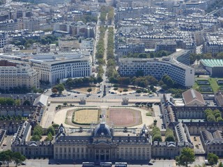 Champ de Mars view from top of eiffel tower looking down see the entire city as a beautiful classic...