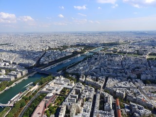 Center of Paris from the heights. View from the Eiffel Tower on the river Seine. Modern architecture.