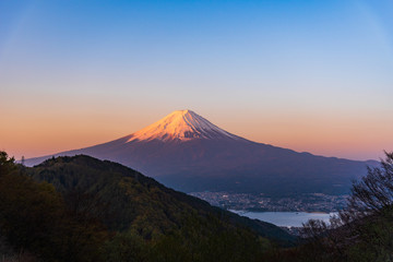 Mount Fuji sunrise with cityspace