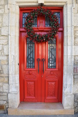 Fototapeta na wymiar Festive Red Front Door, Limassol, Cyprus