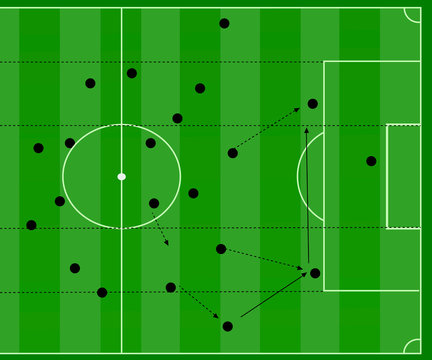 Soccer game tactical scheme. The scheme of the game. Strategy. Tactics. On the chalkboard. For your design. Vector chalk graphic on black board