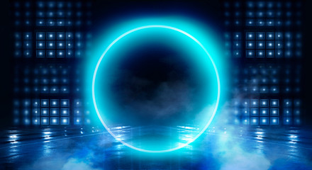 Neon circle, neon lights. Neon circle with spotlights. Abstract light. Night view. Blue abstract background with rays and lines.