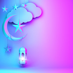 Arabic lantern, hanging cloud, crescent star on blue pink gradient background copy space text. Design creative concept for islamic celebration day ramadan kareem or eid al fitr adha. 3d rendering.
