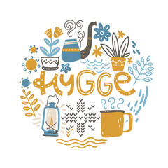 Hygge. Hand lettering with design elements in the round. Vector  illustration,