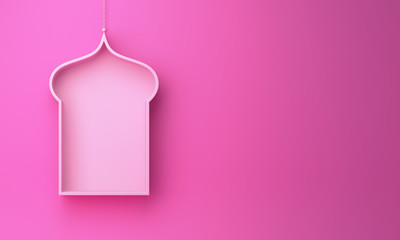 Arabic hanging window shelf on pink background. Design creative concept of islamic celebration day ramadan kareem or eid al fitr adha. 3D rendering illustration.