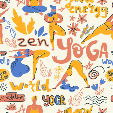 Vector seamless pattern with yogis and yoga symbols.
